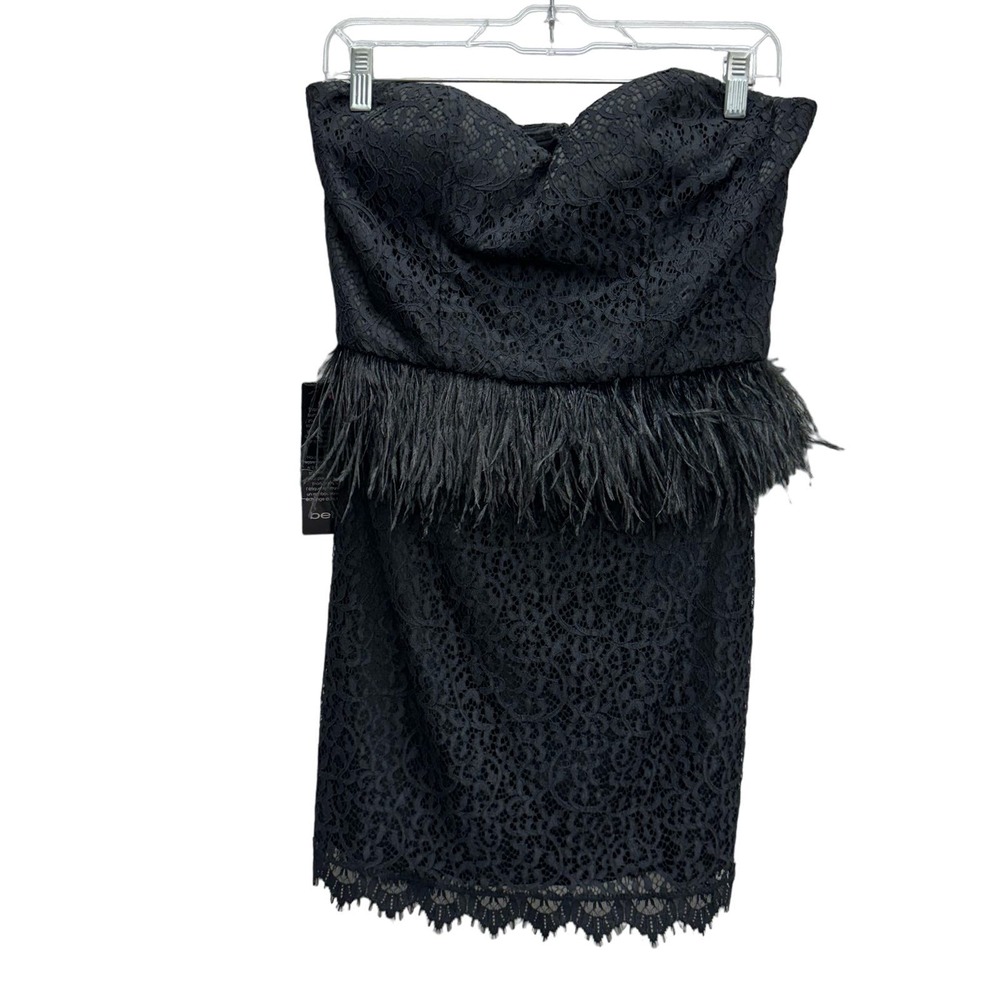 NWT Bebe Black Lace Feather Waistband Sweetheart strapless Cocktail Party Dress